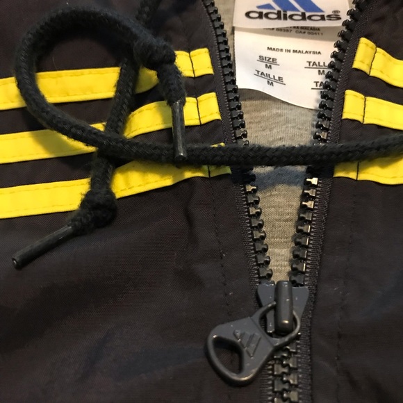 ADIDAS Black, Yellow Trim, Fabric Lined Full Zip Windbreaker Hooded Track Jacket - Picture 3 of 12
